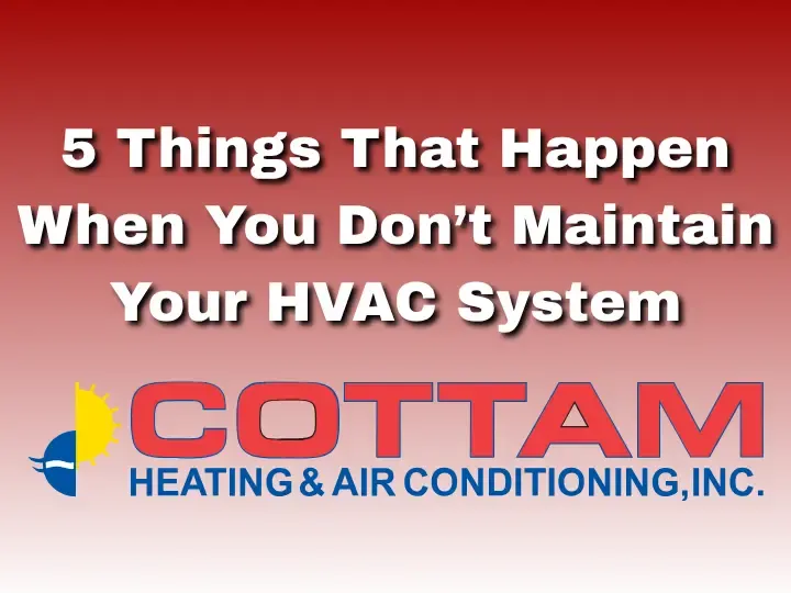 Red background image, text "5 Things That Happen When You Don’t Maintain Your HVAC System", Cottam Heating & Air Conditioning Logo